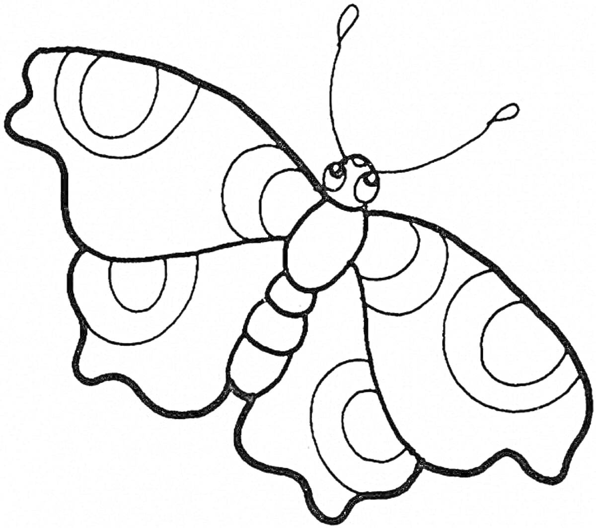 На раскраске изображено: Бабочка, Узоры, Крылья, Круги, 3 года, 4 года, Насекомое, Для детей