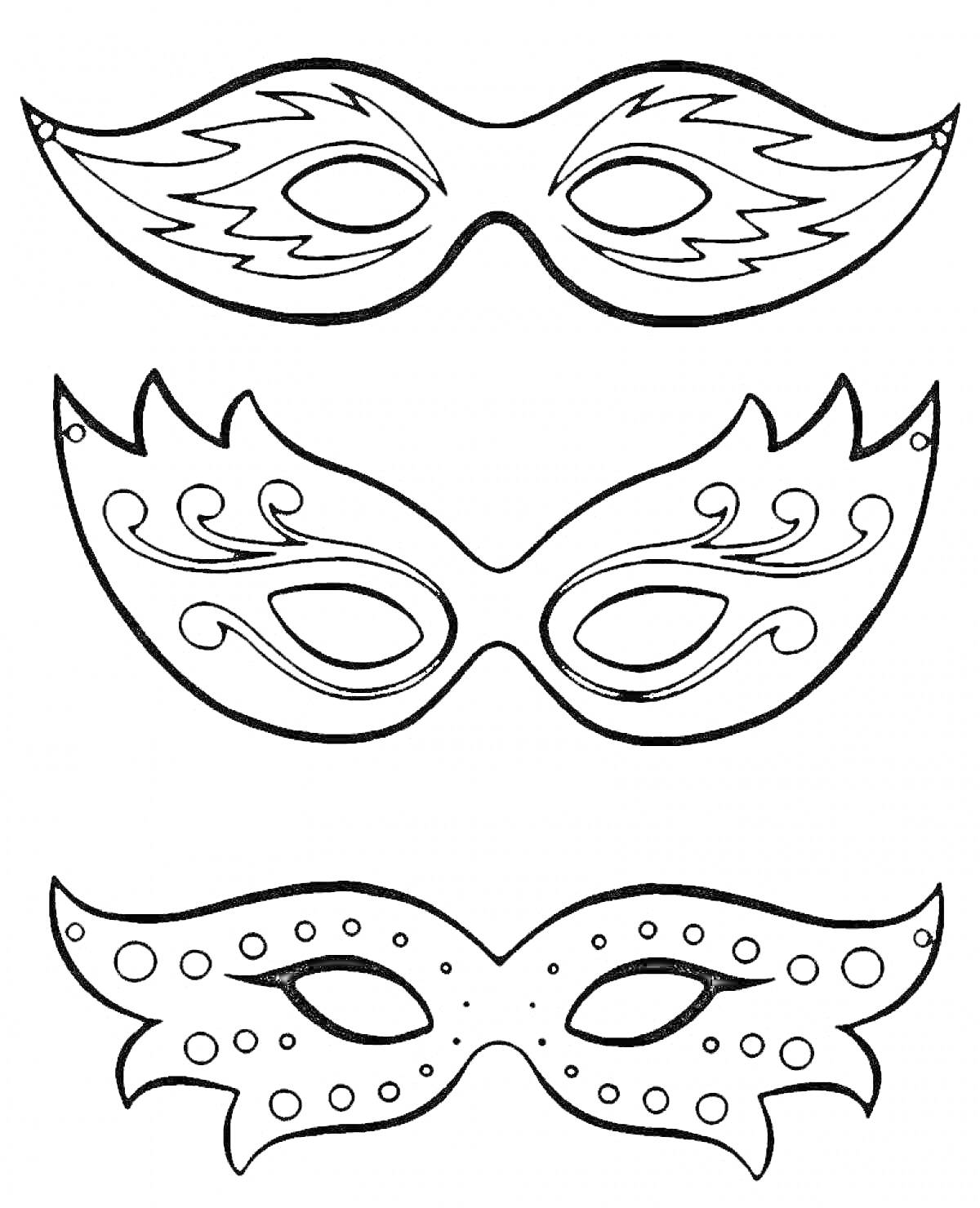 Три новогодние маски с различными декоративными элементами (волнистые линии, скрученные завитки, круглые точки)