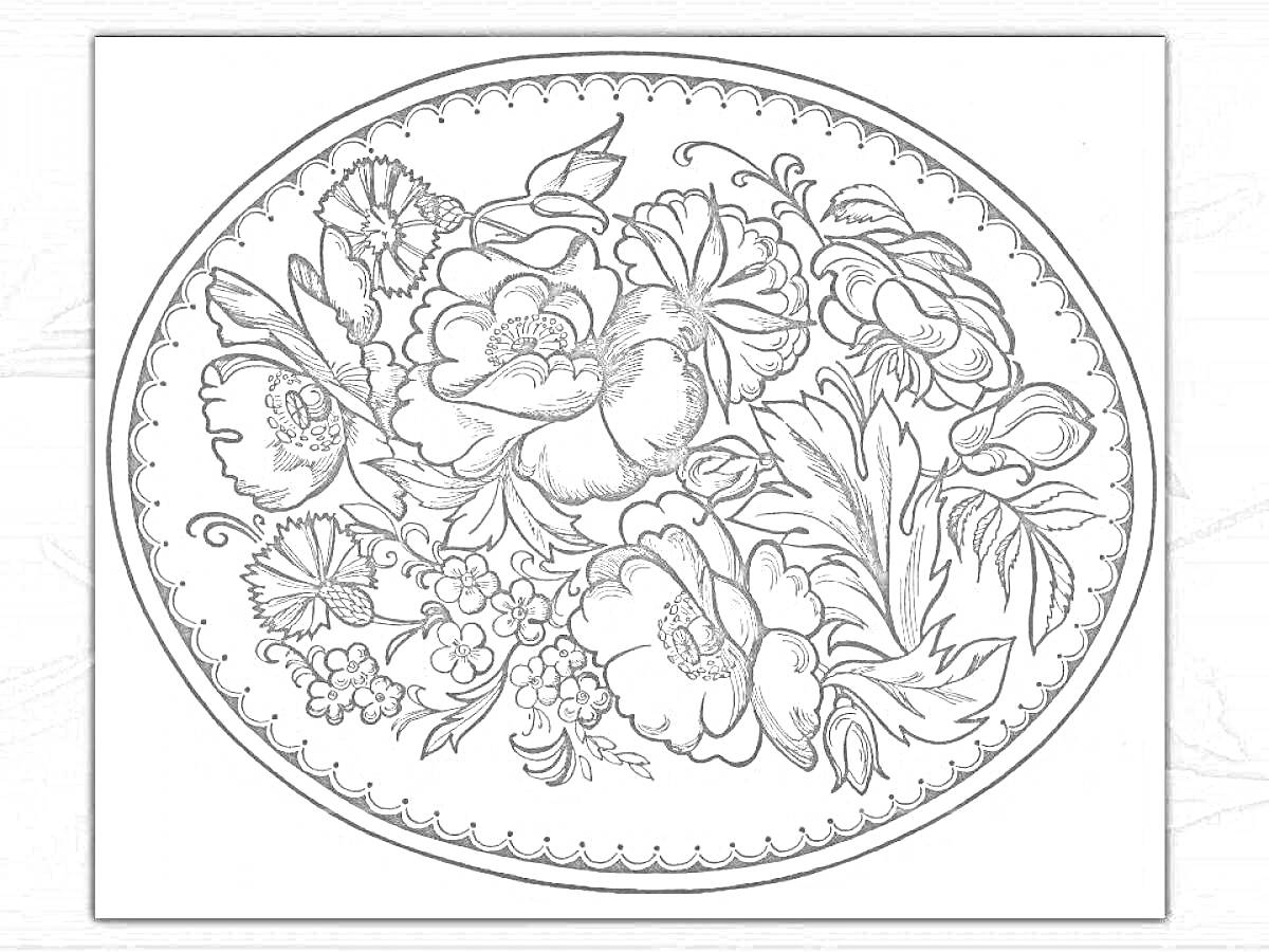 Жостовский поднос с цветочным орнаментом: розы, пионы, листья, бутоны, ягодки