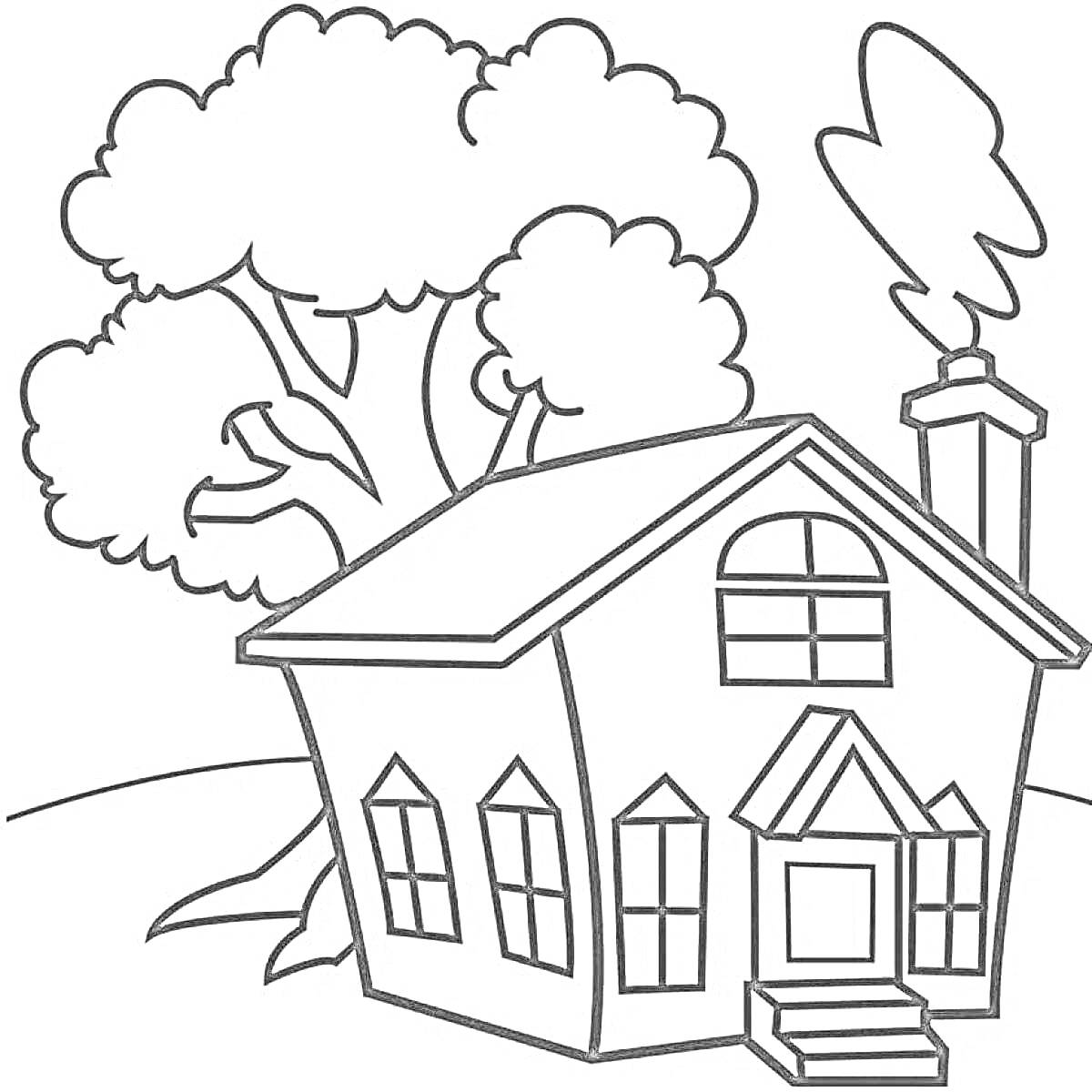 Раскраска Дом с деревом и трубой