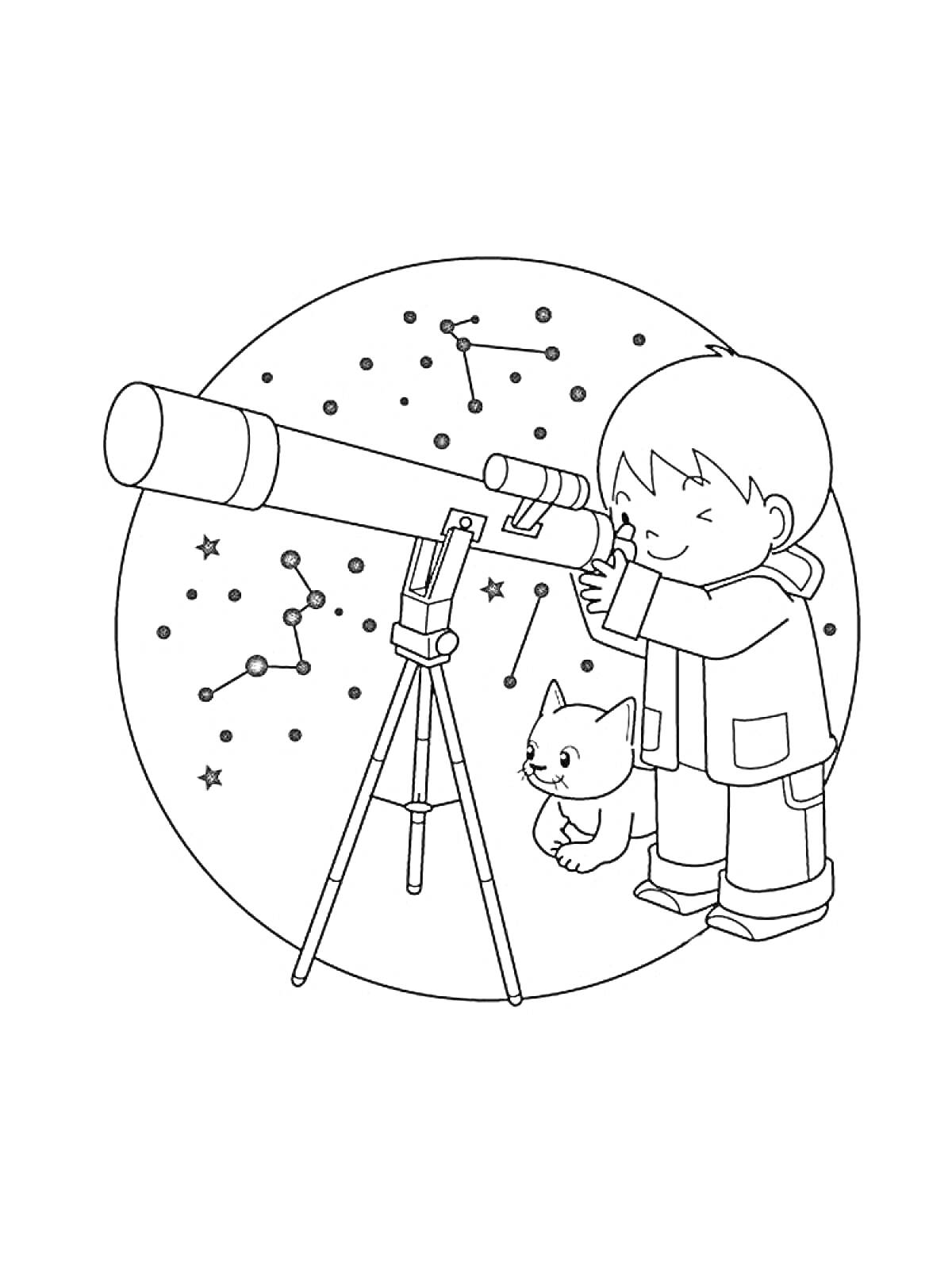 На раскраске изображено: Телескоп, Ребёнок, Кот, Звезды, Астрономия, Созвездие, Наблюдение, Ночь, Оборудование