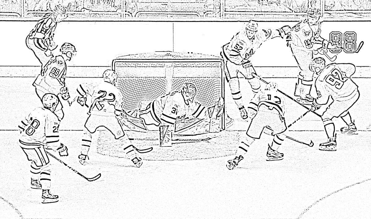 Раскраска Хоккейный матч у ворот: семь игроков, вратарь, нападающий с клюшкой, защитник