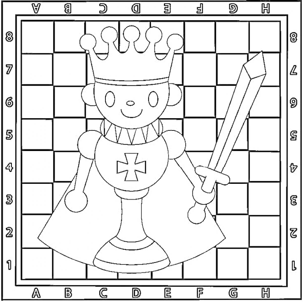 На раскраске изображено: Шахматы, Король, Меч, Корона, Буквы, Цифры, Клеточки