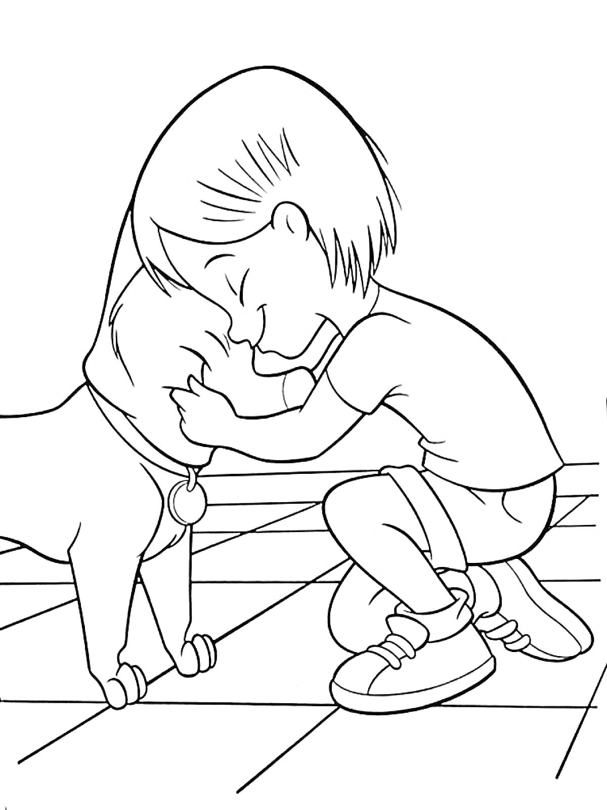 Девочка обнимает собаку на полу