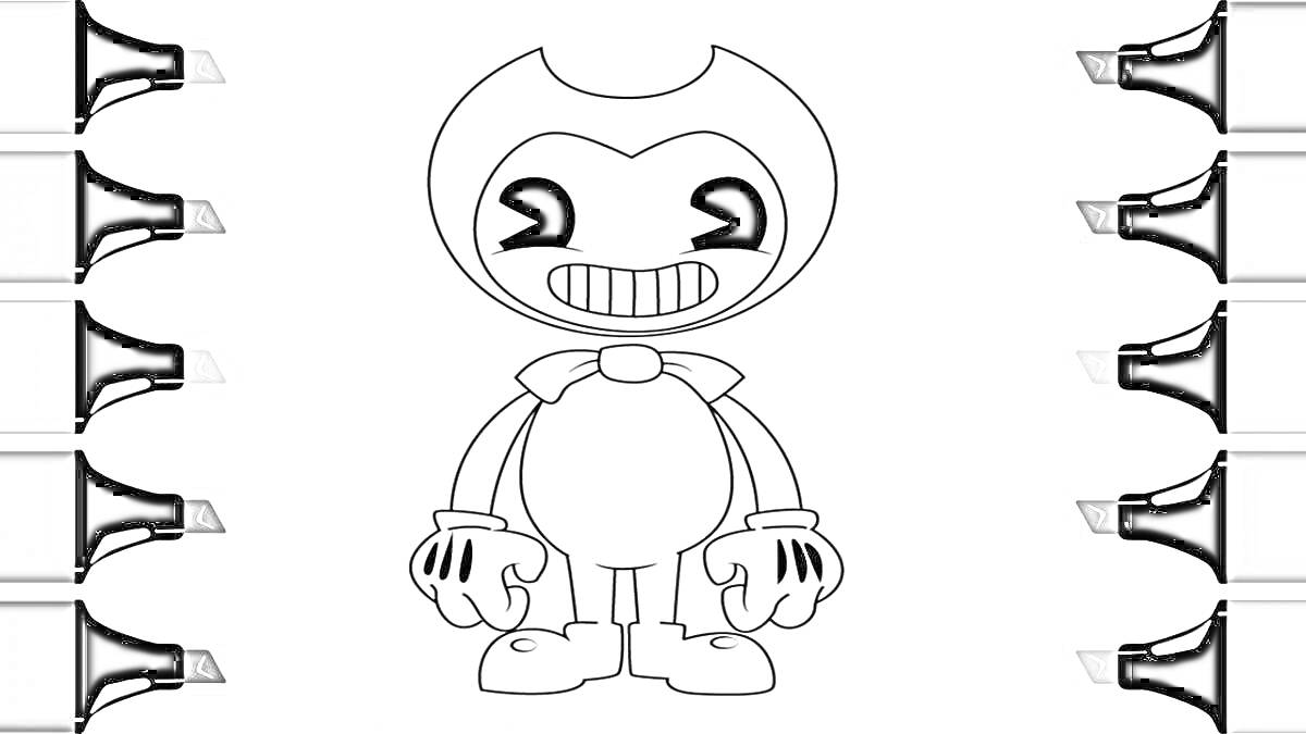 Раскраска Бенди, улыбающийся персонаж в центре с чернильными метками, на фоне цветные карандаши