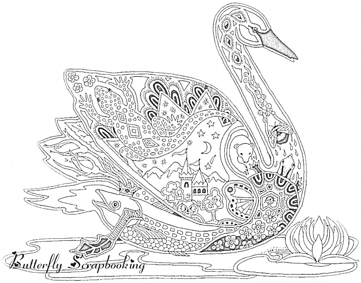 Раскраска Лебедь антистресс с узорами, замком, луной и цветком лотоса на воде