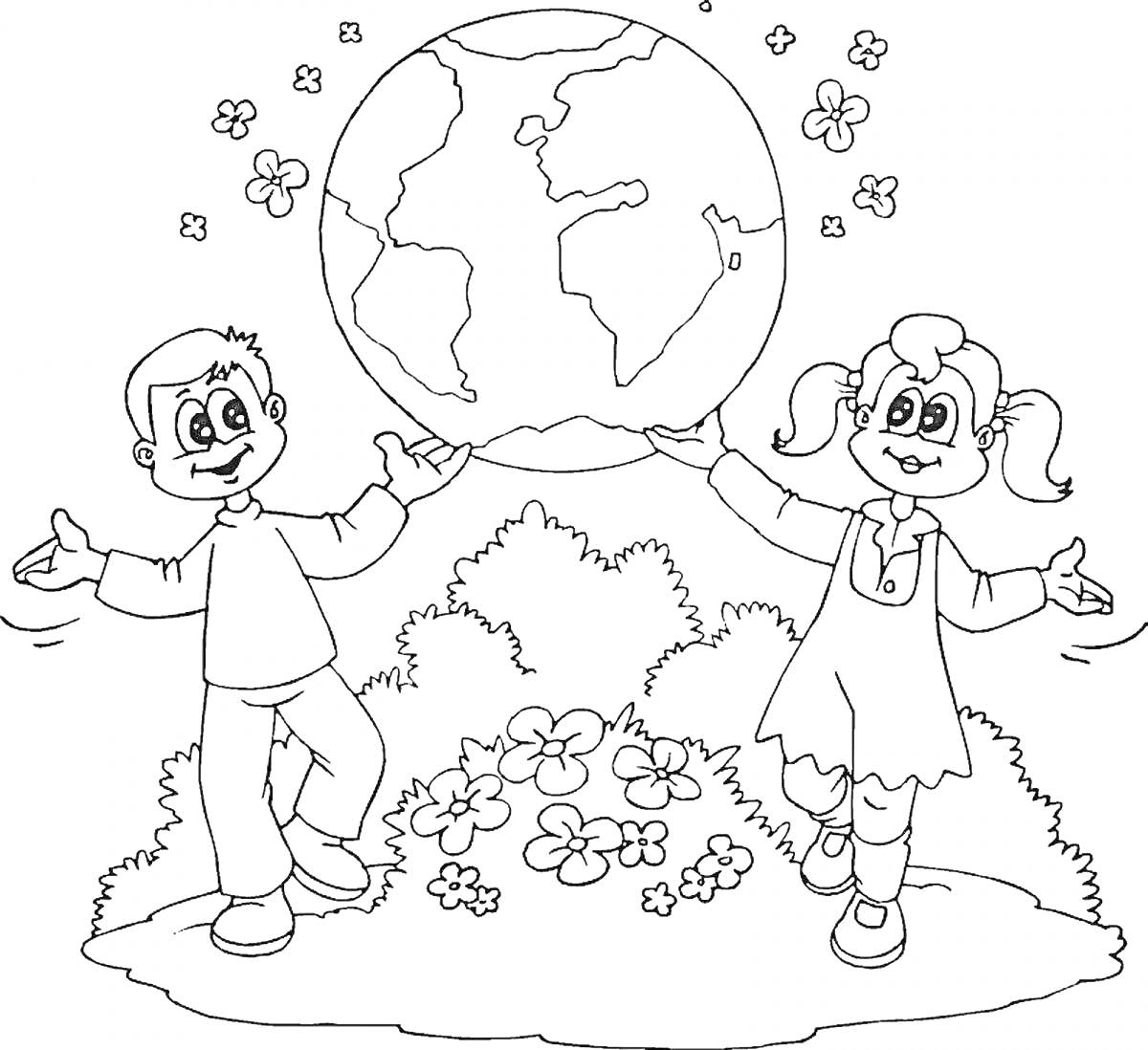 Раскраска Дети держат земной шар, окруженный цветами и растениями