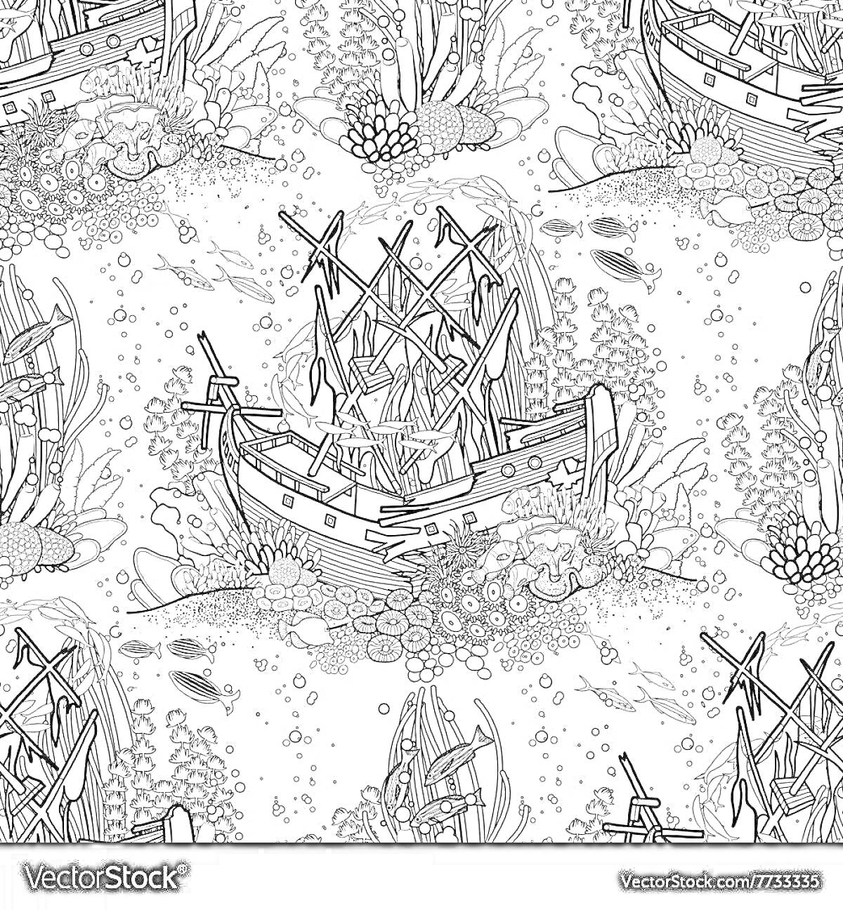 На раскраске изображено: Затонувший корабль, Кораллы, Подводный мир, Морская флора, Подводная жизнь, Морское дно