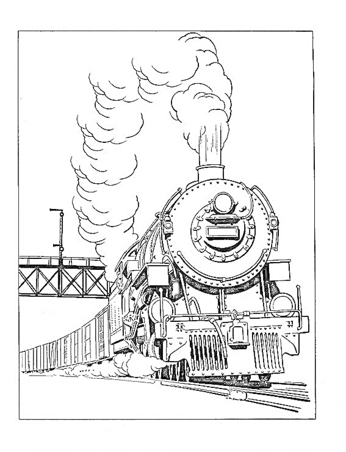 Раскраска Поезд на железной дороге с железнодорожным мостом и дымом