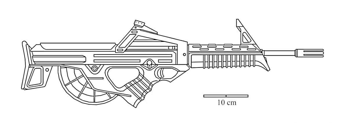 Раскраска Винтовка с телескопическим прицелом, рукоятью, магазином и скобой спускового крючка