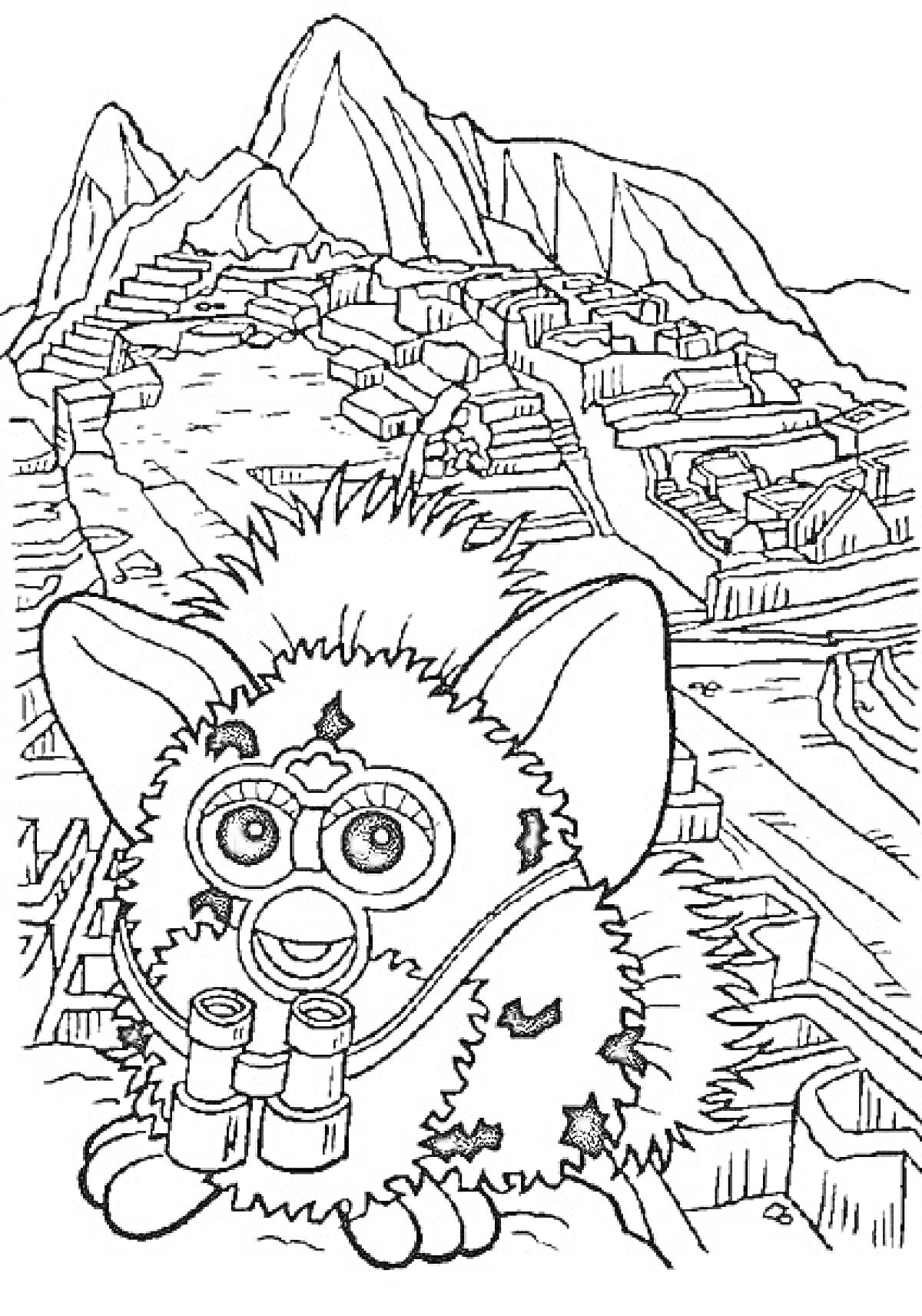 Раскраска Ферби Бум с биноклем на фоне древнего города в горах