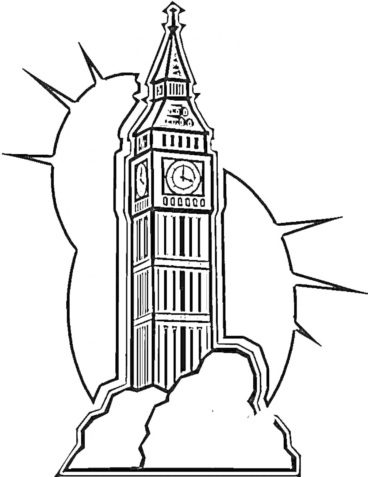 На раскраске изображено: Биг Бен, Часовая башня, Лондон, Здание, Архитектура, Облака, Солнце, Часы