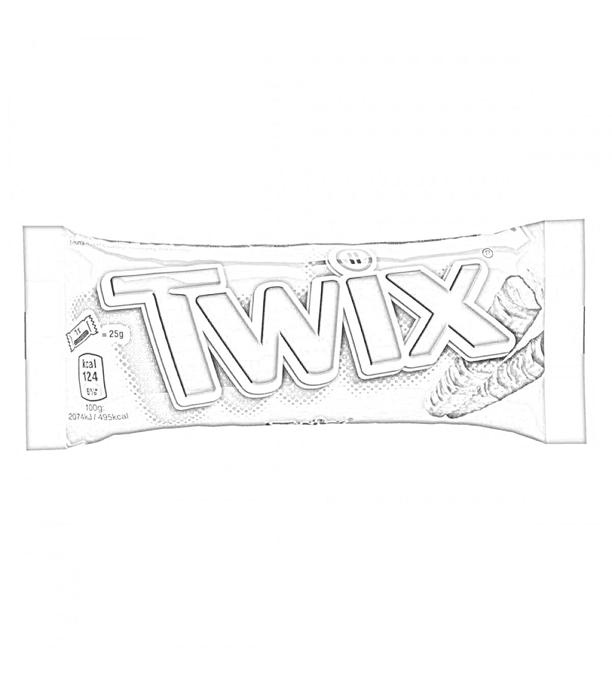 На раскраске изображено: Twix, Шоколадный батончик, Упаковка, Обертка, Сладости, Конфеты