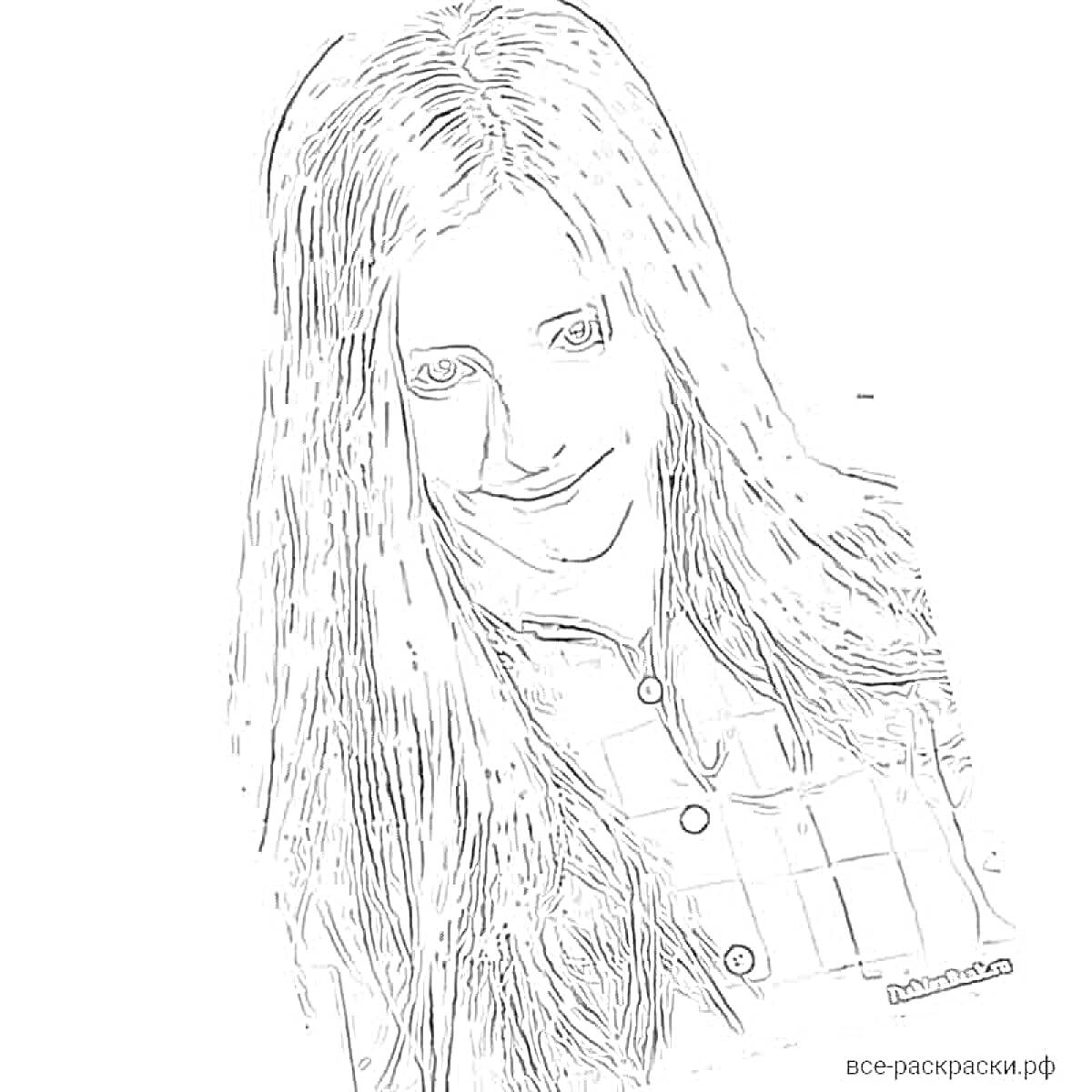 Раскраска Девушка с длинными распущенными волосами в клетчатой рубашке