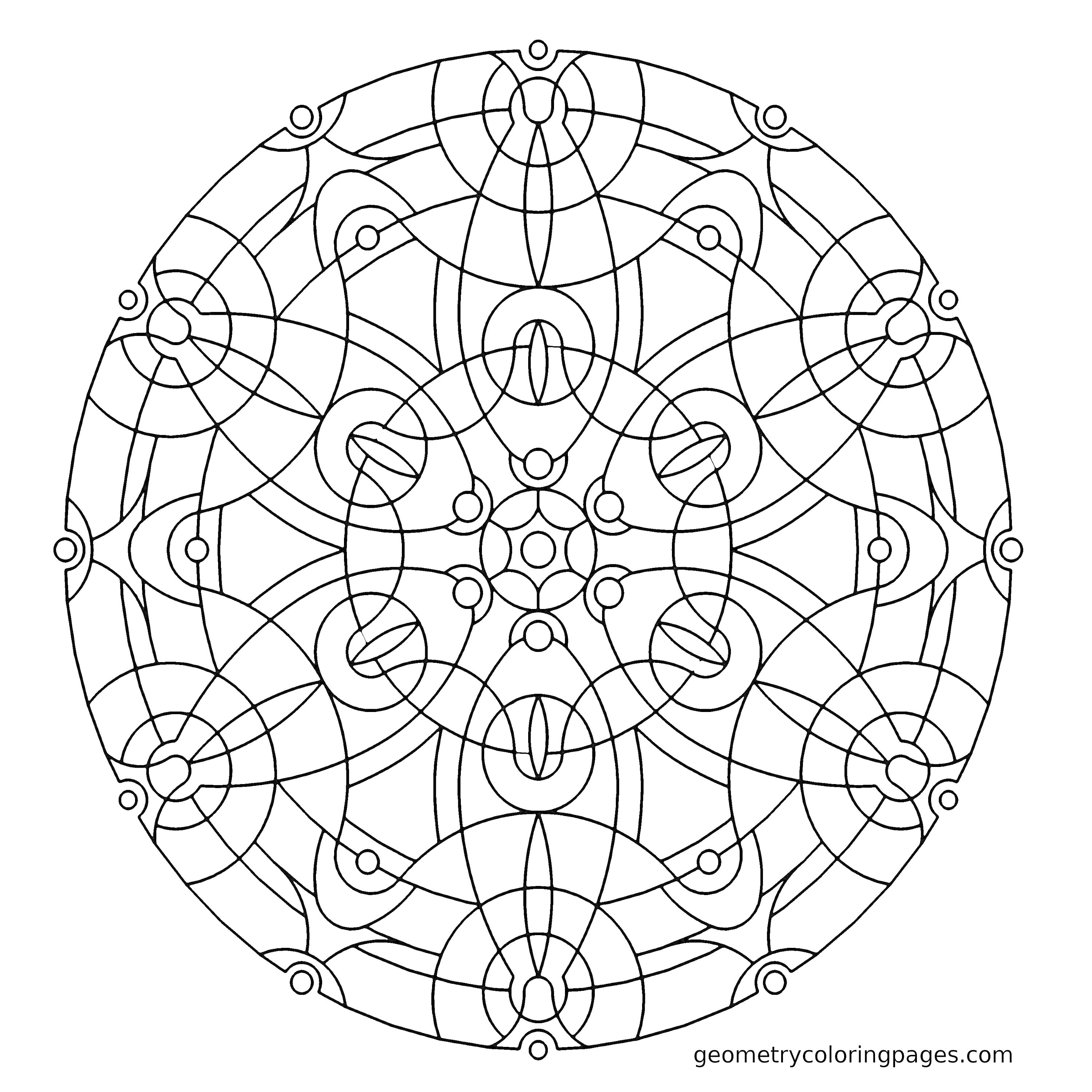 Раскраска Мандала с геометрическими фигурами и узорами, включая круги, полукруги и кривые линии.