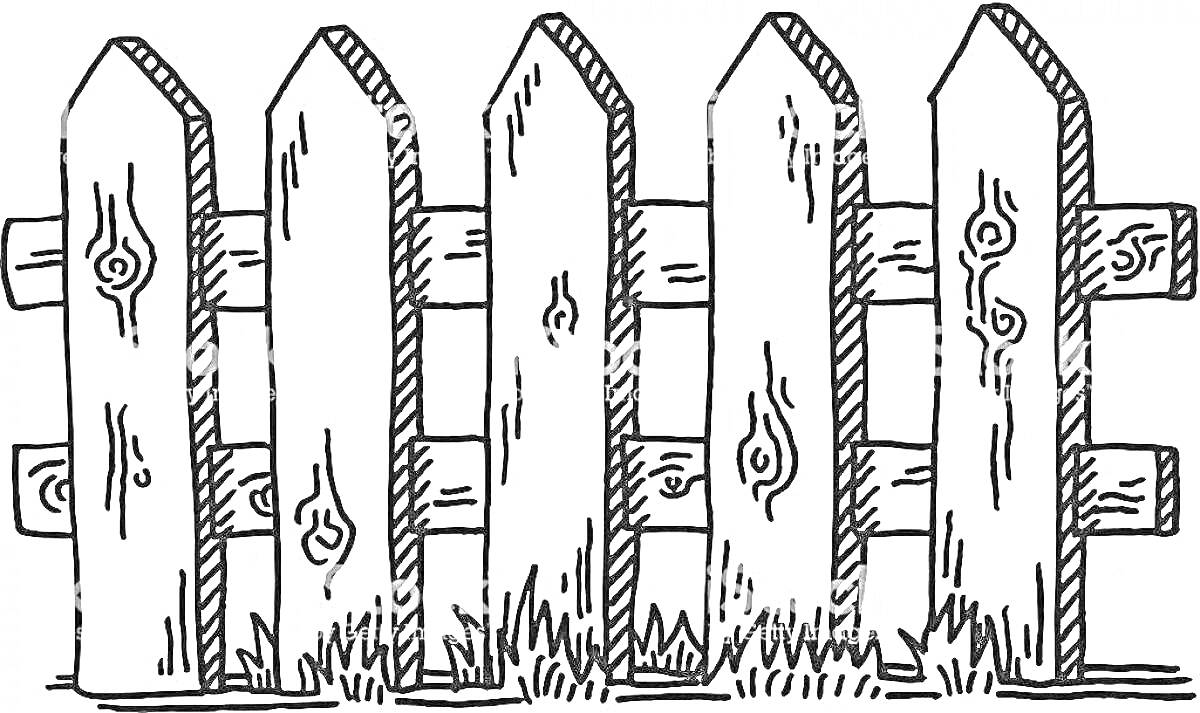 На раскраске изображено: Забор, Деревянный забор, Трава, Сад, Природа