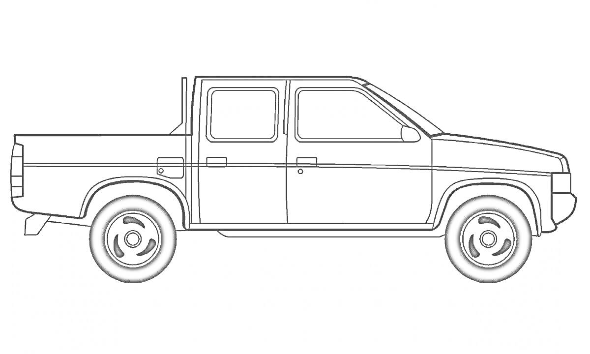 Раскраска Пикап с четырьмя дверями, четырьмя колесами и большими окнами в боковом виде