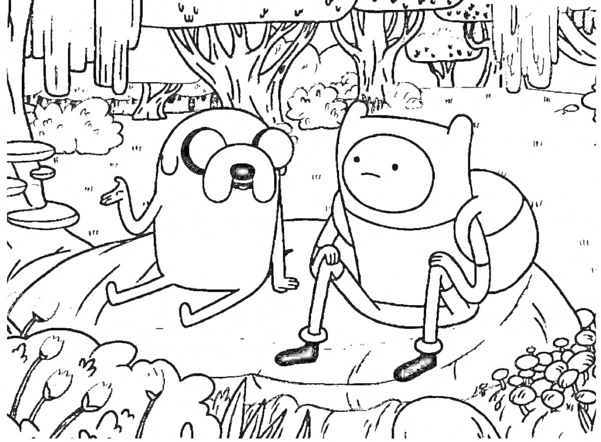 Раскраска Два персонажа на поляне с деревьями и кустарниками, мультяшные герои, сидящие на земле