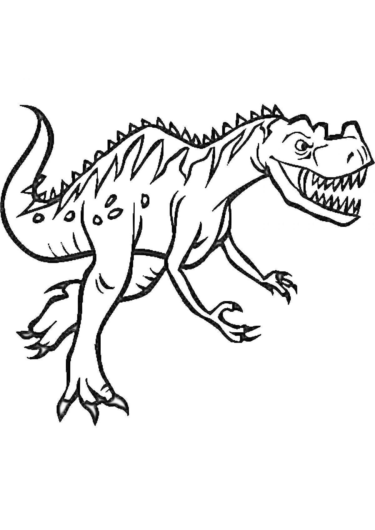 На раскраске изображено: Динозавр, Шипы, Хвост, Пасть, Зубы