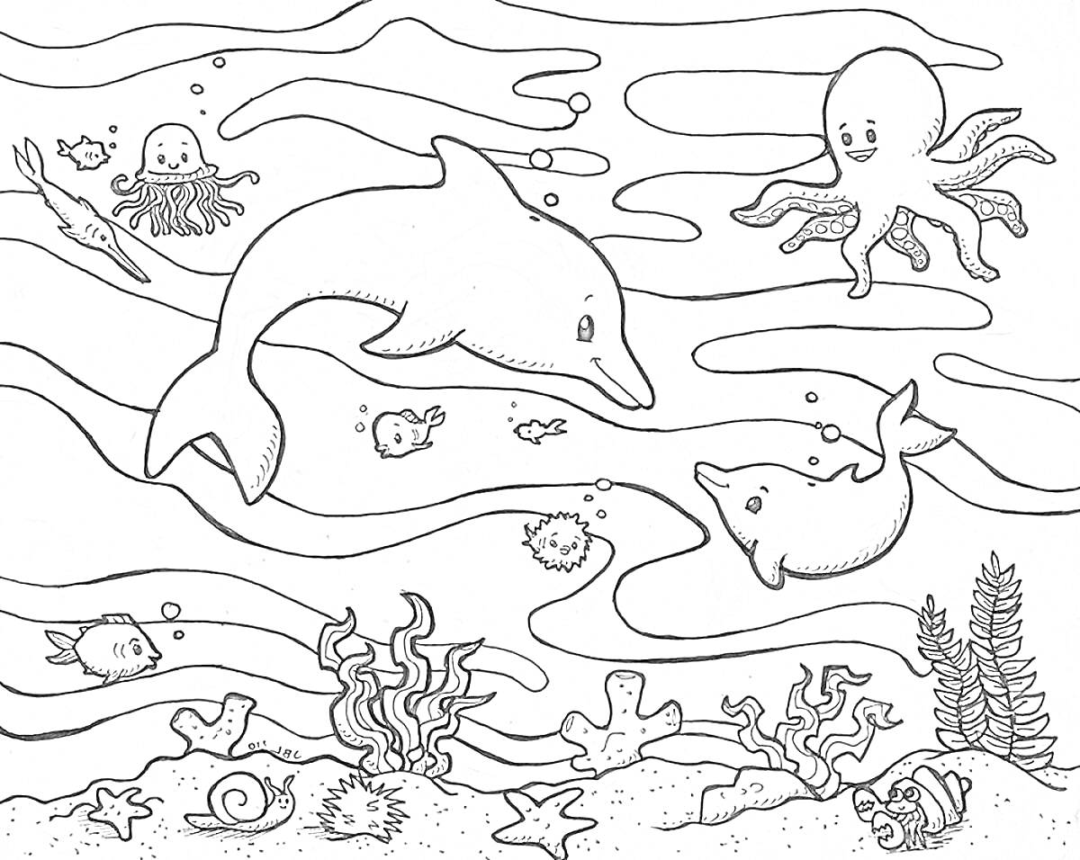 Раскраска Дельфины, осьминог, рыбы, кораллы и морское дно