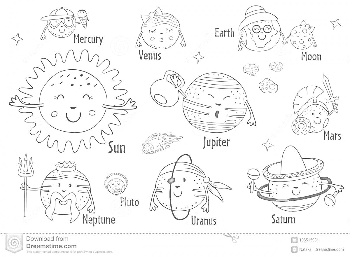 На раскраске изображено: Солнце, Меркурий, Венера, Земля, Луна, Марс, Юпитер, Сатурн, Уран, Нептун, Плутон, Астероиды, Космос