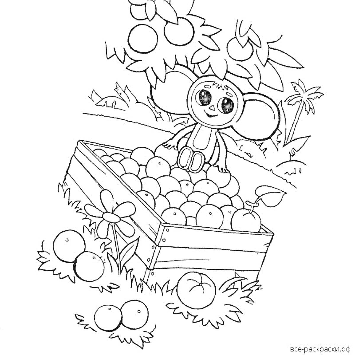 Раскраска Чебурашка сидит на ящике с апельсинами под деревом