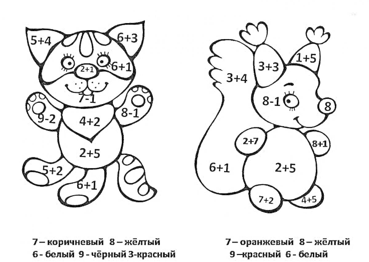 Раскраска Кошка и белка с математическими примерами для детей 6-7 лет