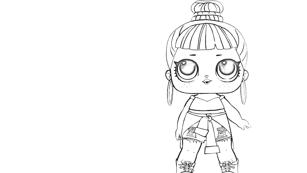 Раскраска Кукла Лол с большими глазами, пучком на голове, серьгами-кольцами, топом, джинсовыми шортами и высокими ботинками