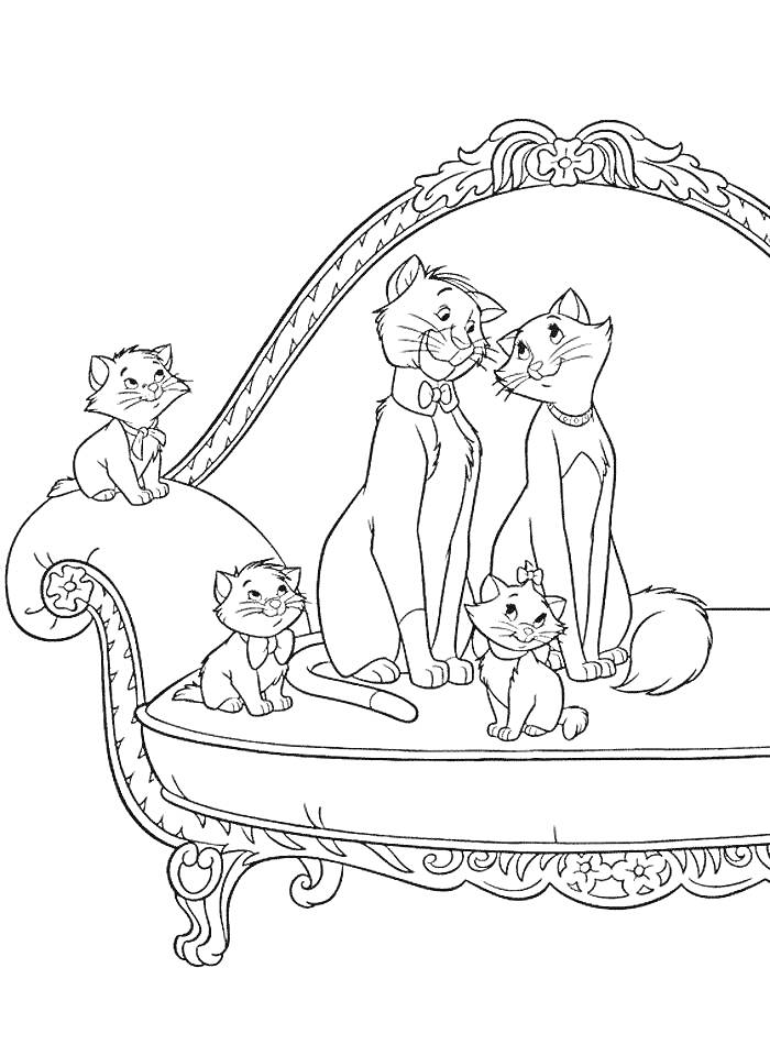 На раскраске изображено: Диван, Семья, Для детей, Животные, Кот