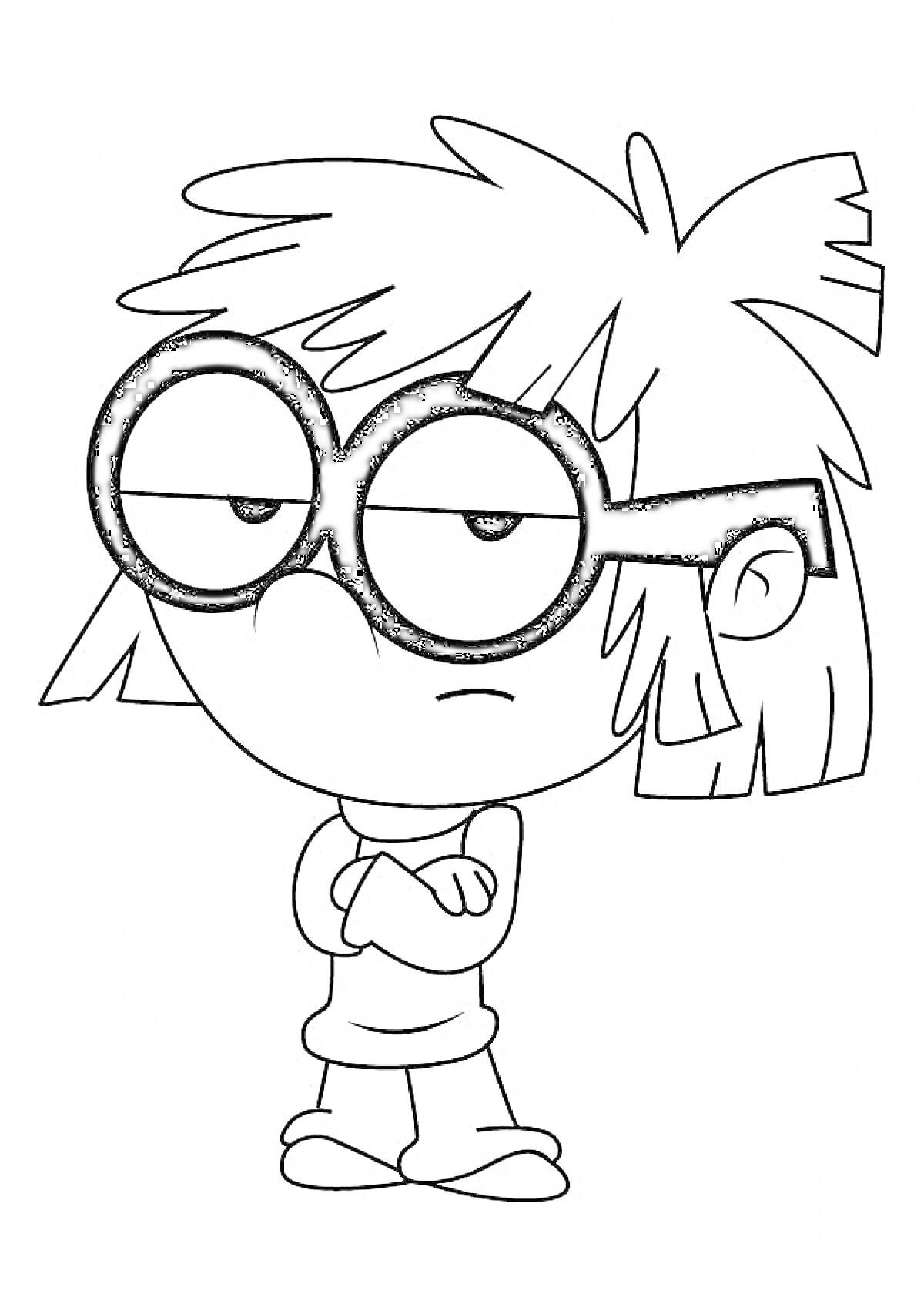 Раскраска Персонаж со скрещенными руками и очками в мультфильме 