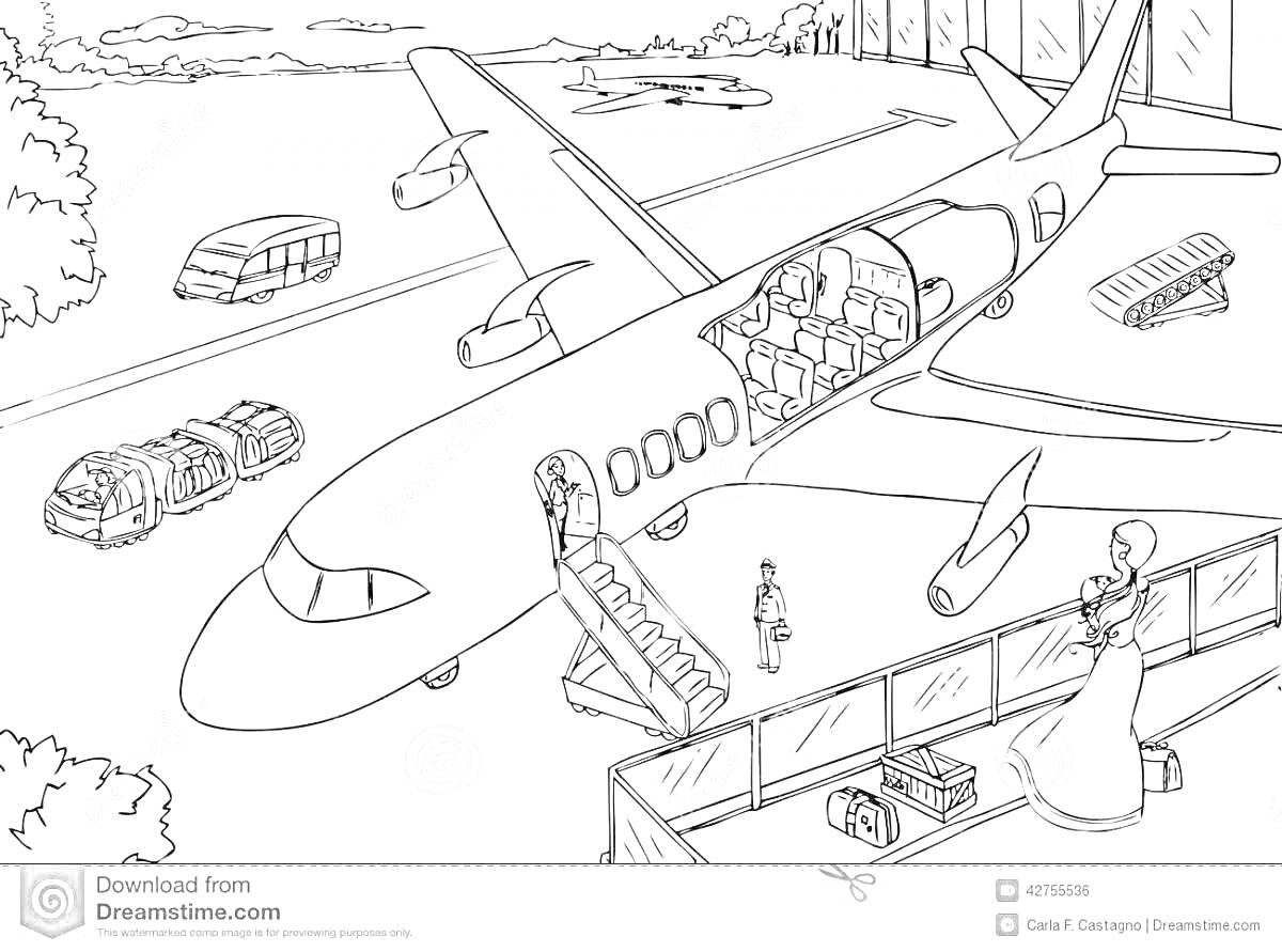 Раскраска аэропорт с самолетом, занимающим центральное место. Детали: открытые двери самолета с видимым салоном, пассажиры, заходящие в самолет по трапу, стоящие люди, грузовики с багажом, здание аэропорта, автобусы, стоянка для автомобилей, самолеты на взлетно-пос