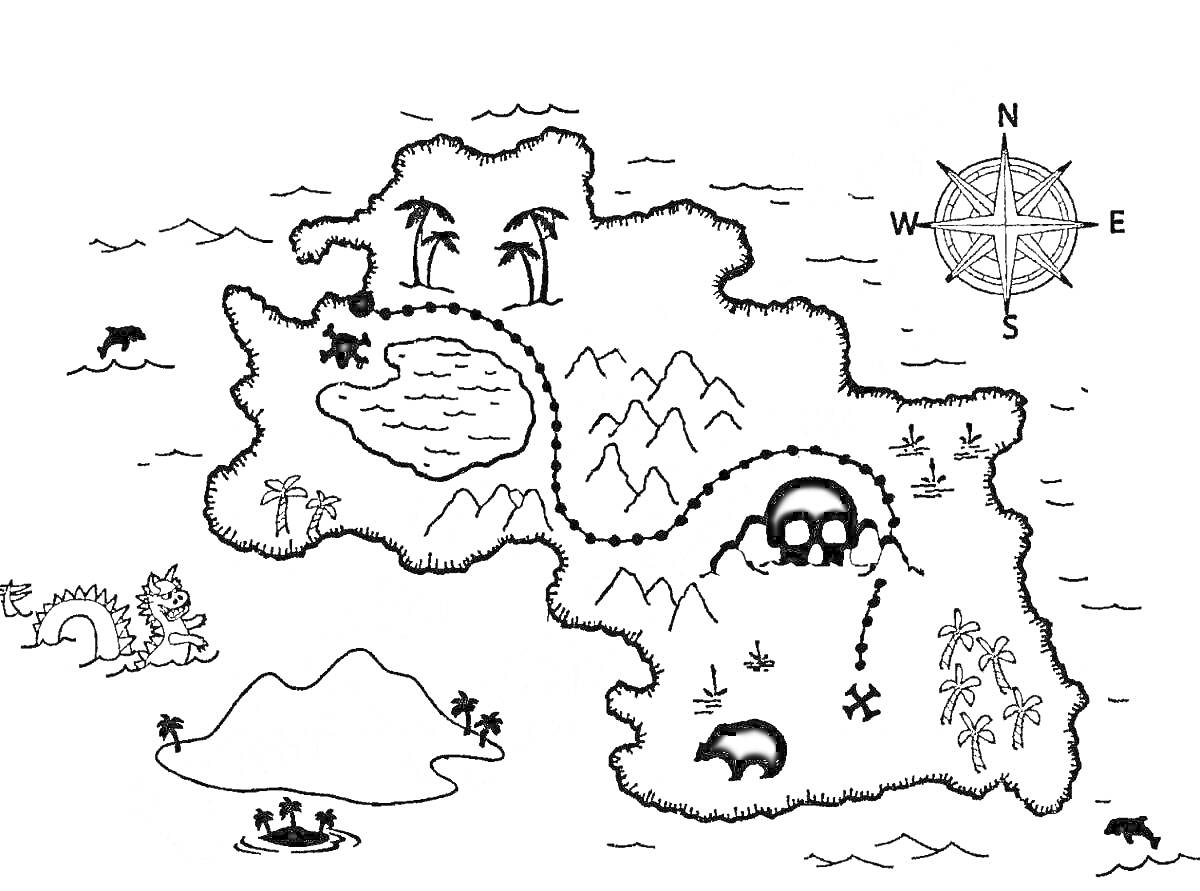 Раскраска Сокровищная карта с островами, пальмами, озером, горным массивом, пещерой, крестом на сундуке с сокровищами и компасом.