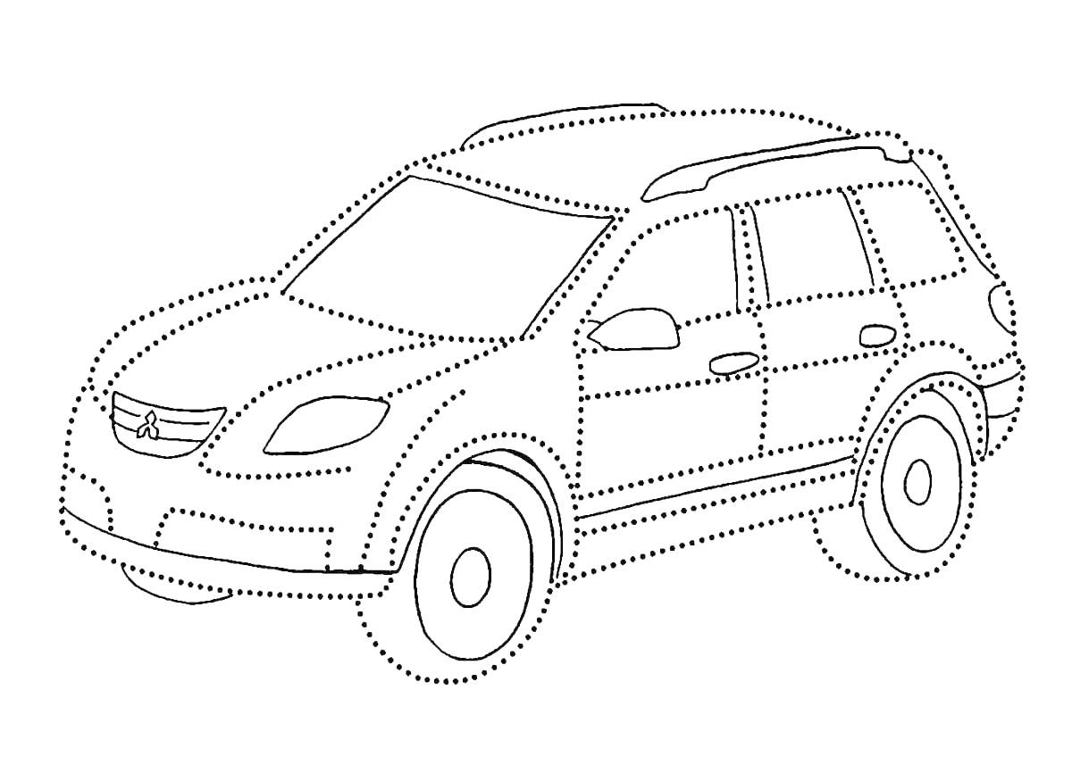 Раскраска Легковой автомобиль с четырьмя дверьми, боковыми зеркалами, фарами, колёсами и рейлингами на крыше
