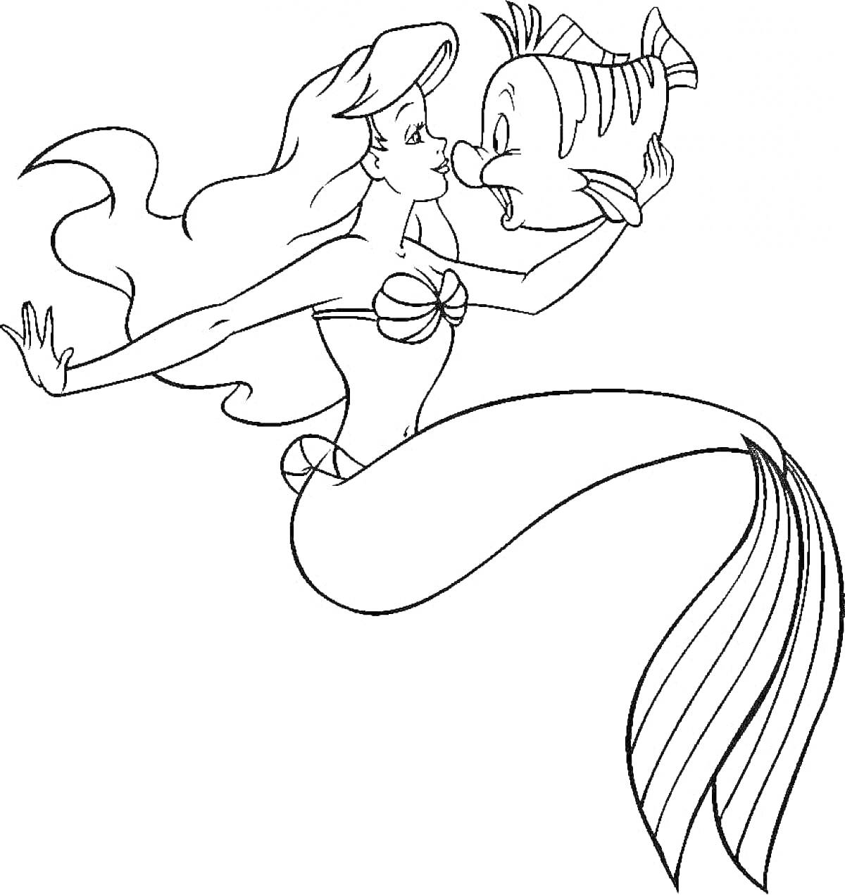 Раскраска Русалка с длинными волосами и ракушками вместо лифа обнимает рыбу