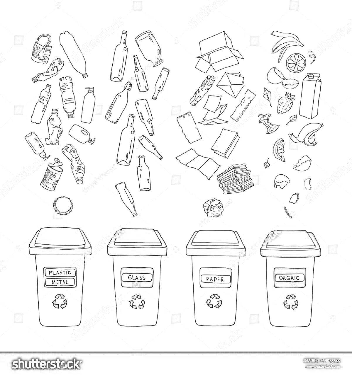 Контейнеры для раздельного сбора мусора (пластик/металл, стекло, бумага, органика) с соответствующими отходами (пластиковые бутылки, стеклянные бутылки, бумага, органические отходы)