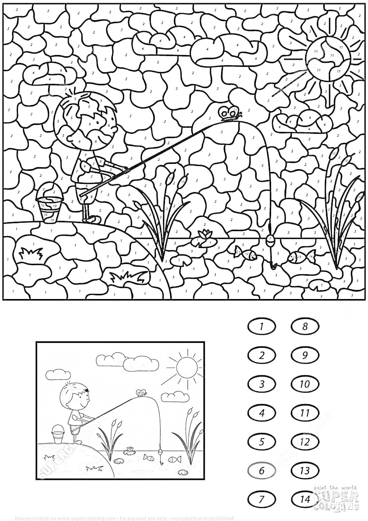 На раскраске изображено: Ребёнок, Рыбалка, Озеро, Солнце, Облака, Природа, Рыба, Камыши