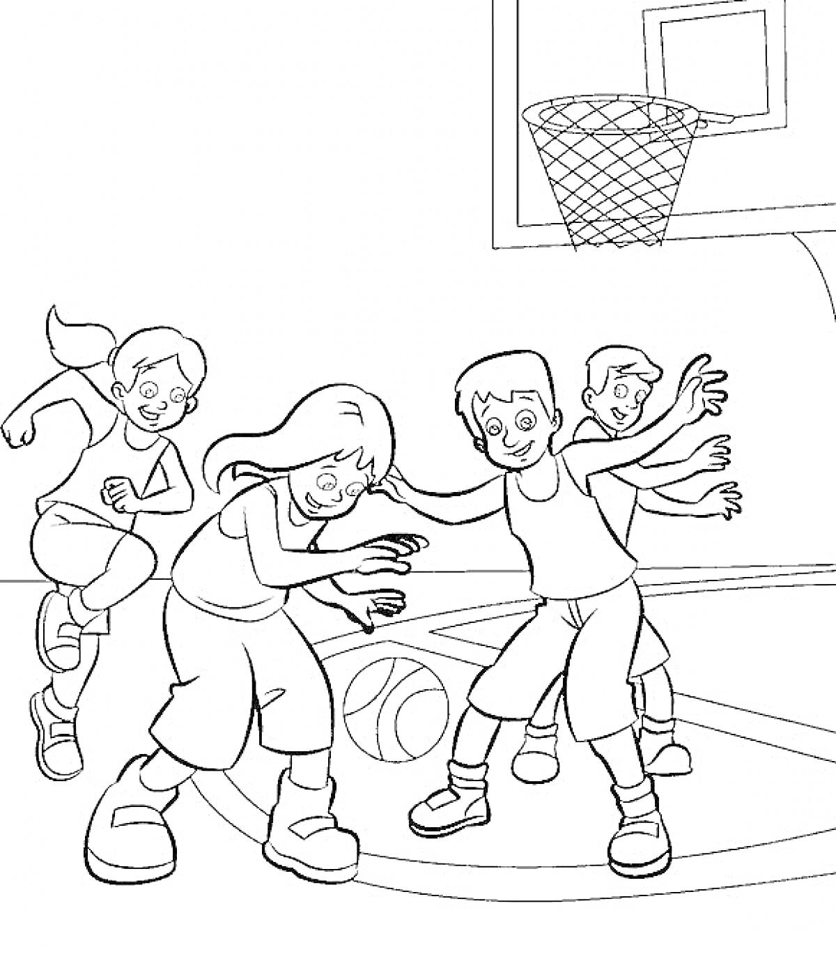 Раскраска Дети играют в баскетбол на спортивной площадке. Мяч, баскетбольное кольцо, четверо детей в спортивной форме.