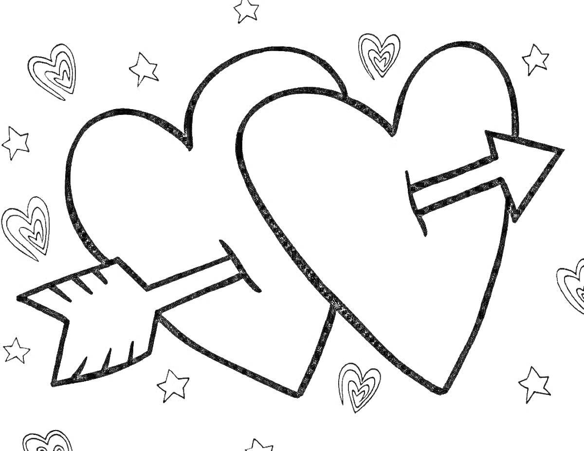 На раскраске изображено: Сердца, Стрела, Звезды, Для девочек, Любовь, Романтика