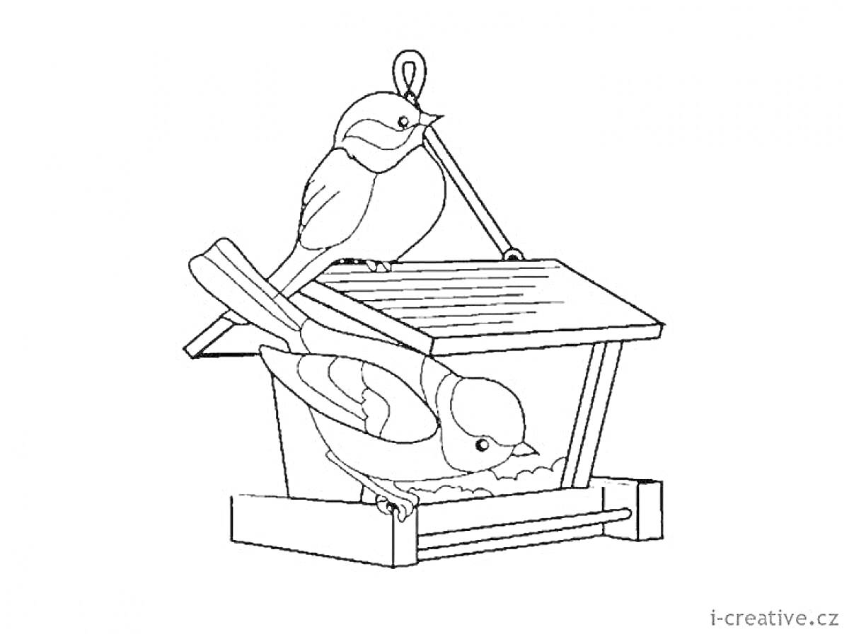 На раскраске изображено: Синица, Кормушка, 3-4 года, Зима, Еда для птиц
