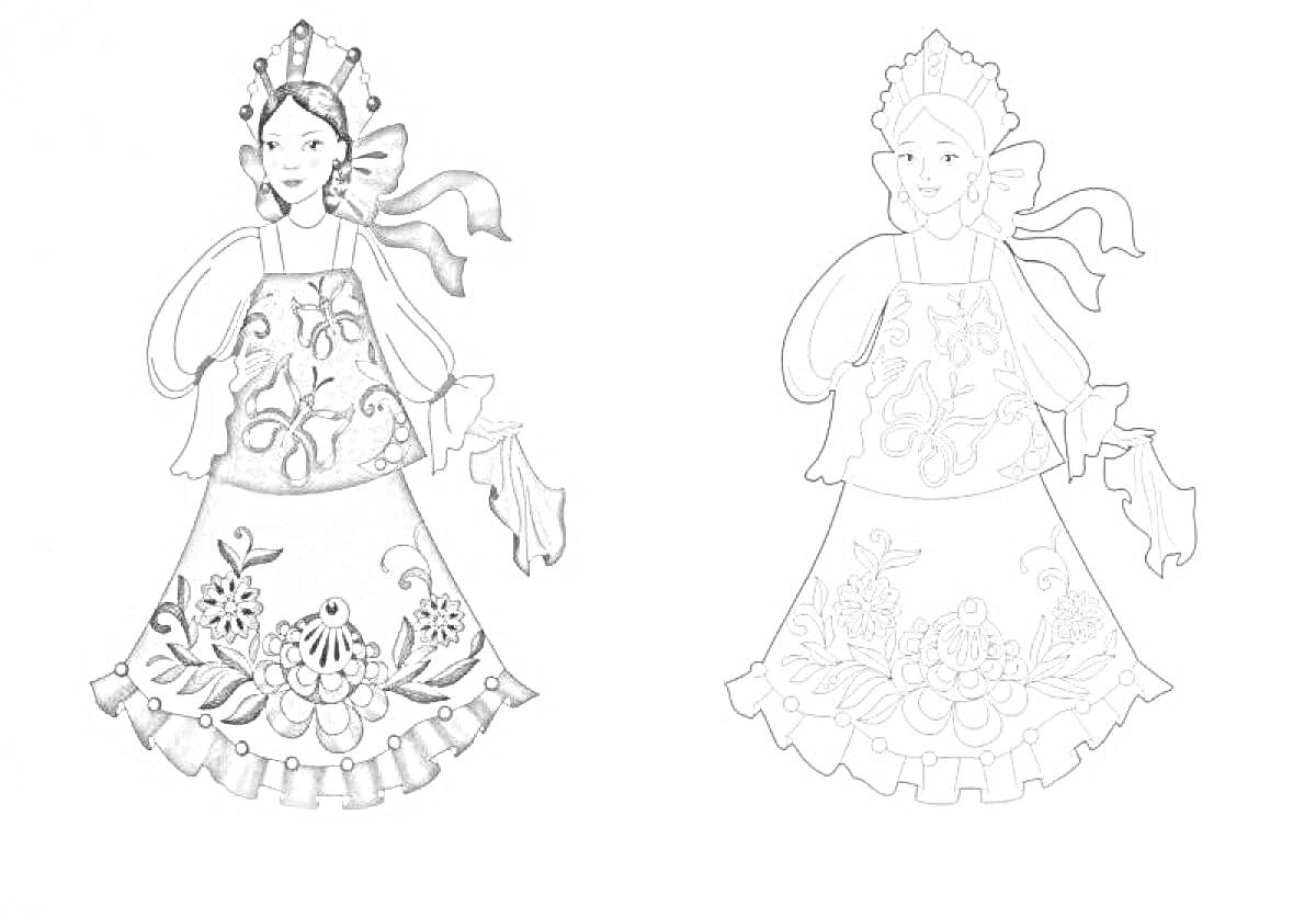 На раскраске изображено: Сарафан, Кокошник, Цветы, Девочка, Традиционные костюмы