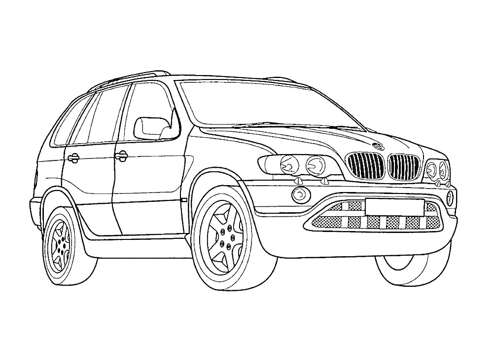 BMW X5, вид сбоку и спереди, колеса, фары, боковые зеркала, капот, решетка радиатора, боковые двери