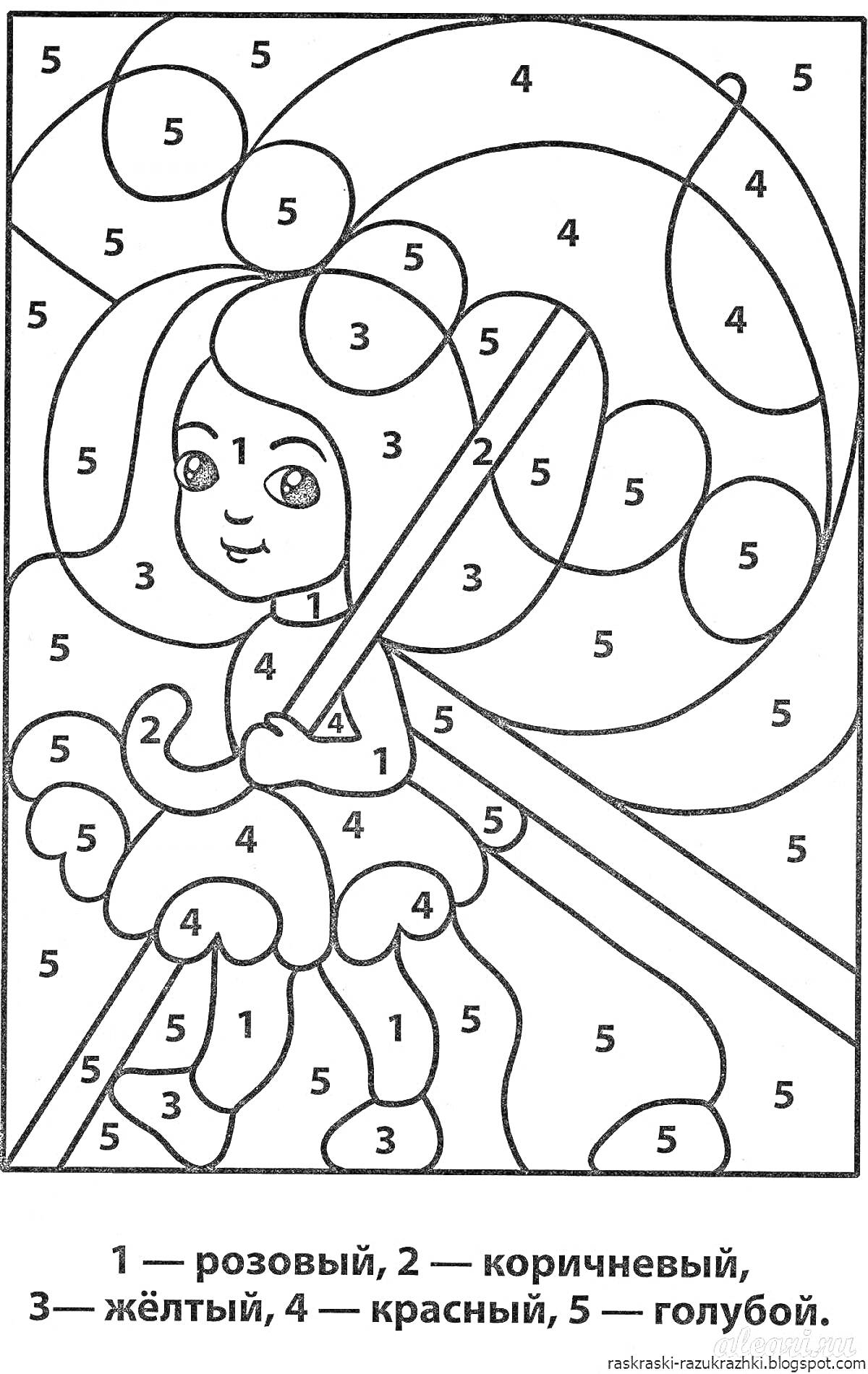 На раскраске изображено: По номерам, Девочка, Волшебная палочка, Цифры, Цвета