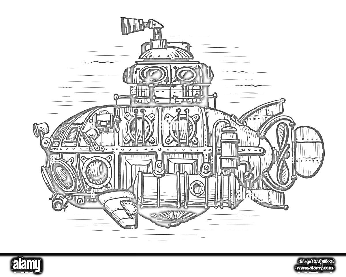 На раскраске изображено: Батискаф, Иллюминаторы, Перископ, Подводная лодка, Подводные исследования, Техника, Морской транспорт