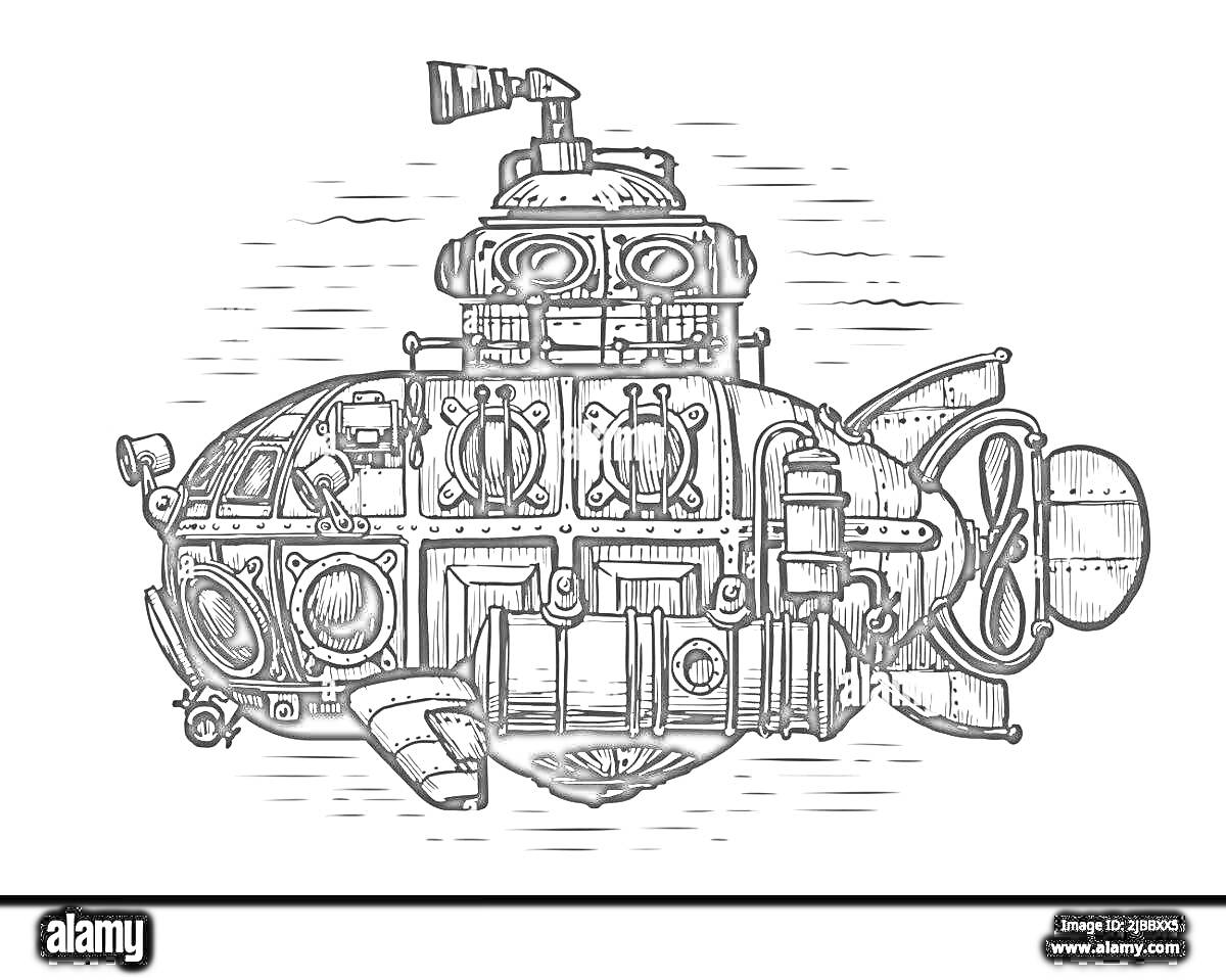 Раскраска батискаф с иллюминаторами, вентилями, пропеллером и перископом