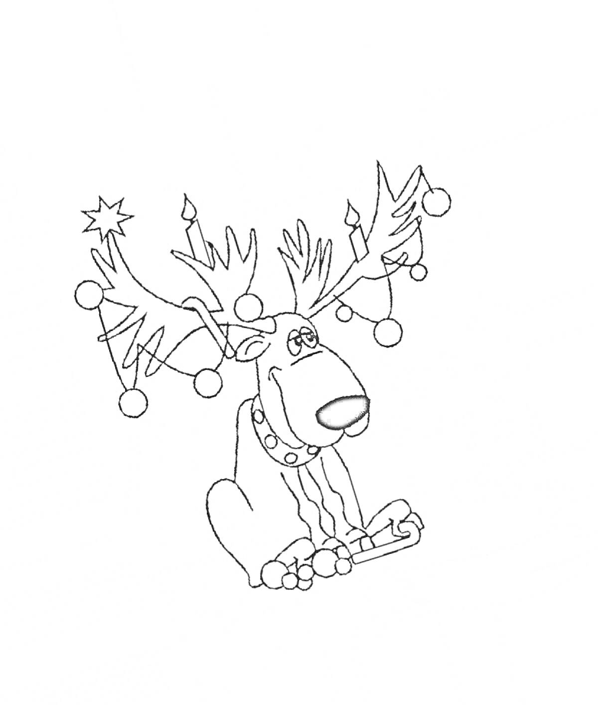 Раскраска Олень с рождественскими украшениями на рогах