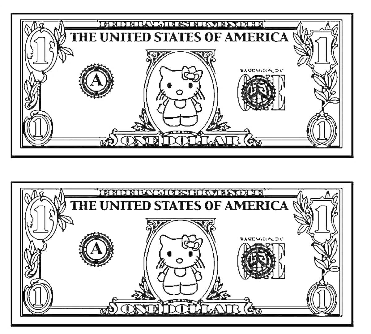На раскраске изображено: Доллар, Деньги, Для детей, Валюта, Хелло Китти