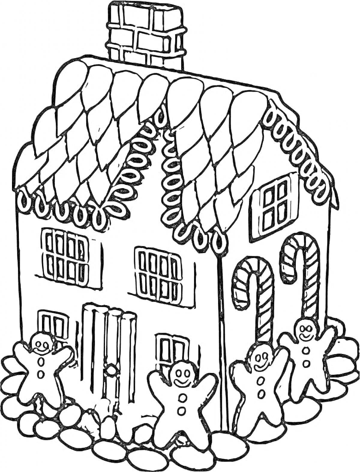 Раскраска Пряничный домик с карамельной крышей, леденцами в форме трости, и пряничными человечками