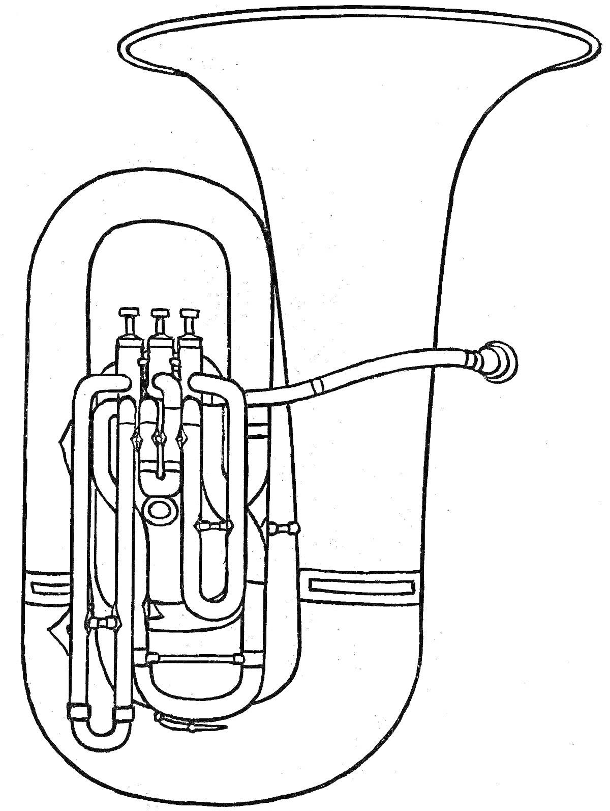На раскраске изображено: Туба, Духовой инструмент, Вентиль, Мундштук, Музыка, Оркестр, Музыкальные инструменты