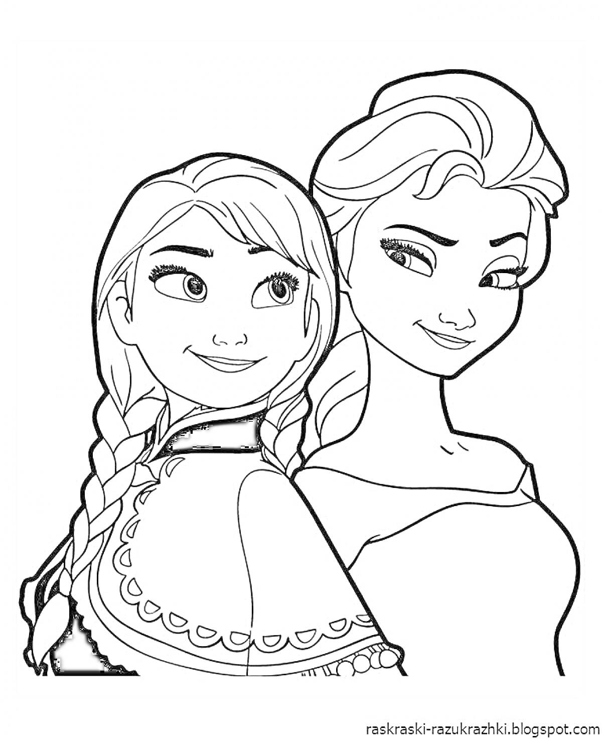 Раскраска Анимационные девушки с косами и завитыми волосами, стоящие спина к спине