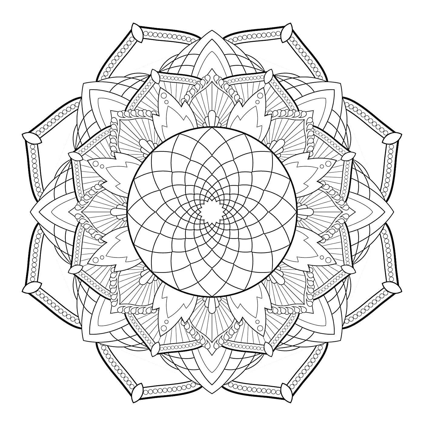 Раскраска Мандала с геометрическим центром, цветочными лепестками и декоративными деталями